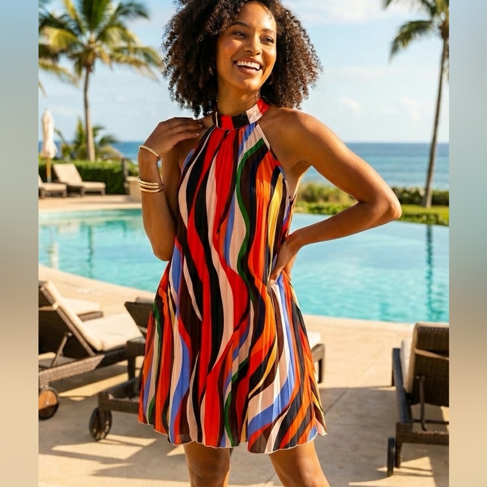 Striped Pleated Halter Neck Dress, Elegant Sleeveless Dress